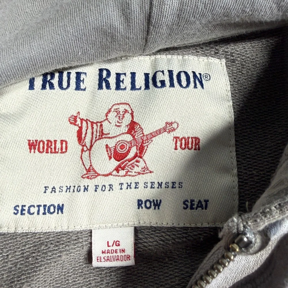True Religion Hoodie Mens L Gray Full Zip Graphic Sleeve World Tour Buddha Y2K